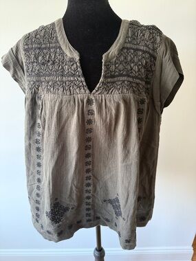Lucky Brand Olive Embroidered Smocked Tunic